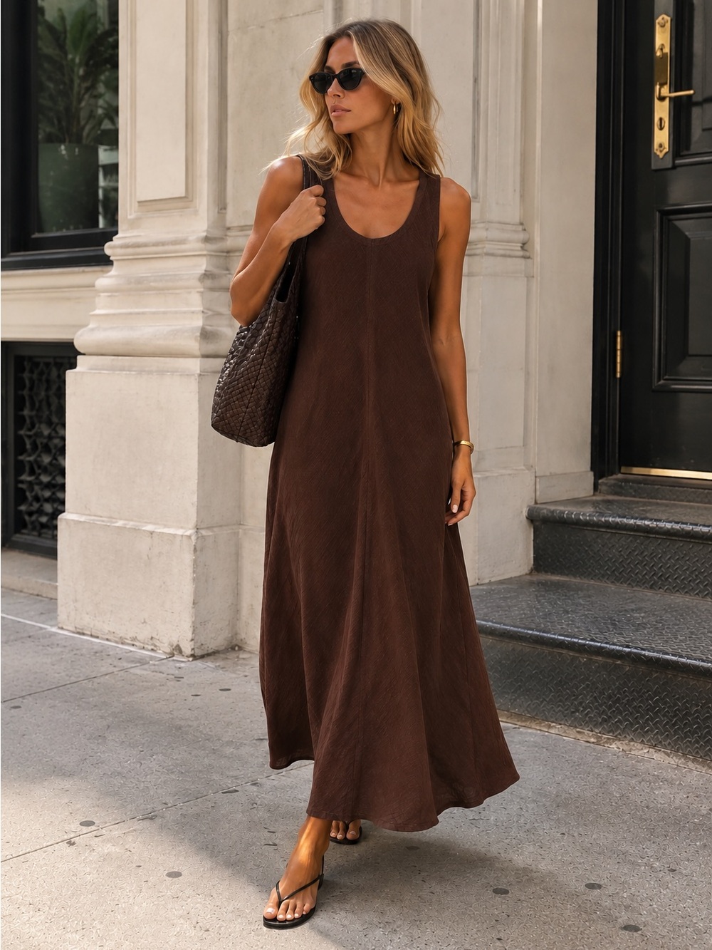 Eileen Fisher Chocolate Brown Italian Linen Blend A-Line Maxi Dress L Minimalist
